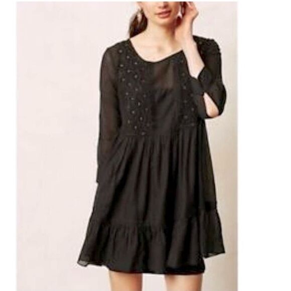 Maeve Size M Black Boho Mini Dress Ruffle Whimsigoth Dark Fairy Cottage - Picture 1 of 5